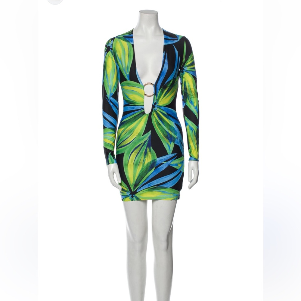 Louisa Ballou Black and Green Leaf Print Mini Dress